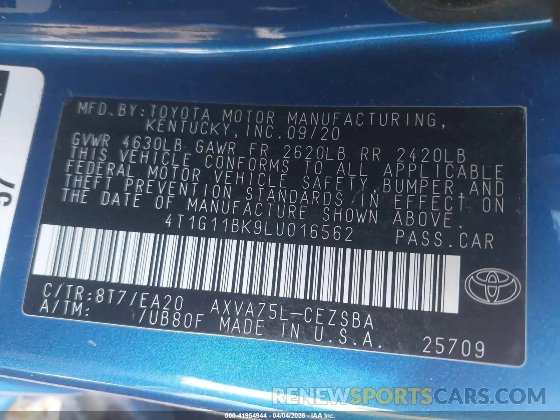 9 Photograph of a damaged car 4T1G11BK9LU016562 TOYOTA CAMRY 2020