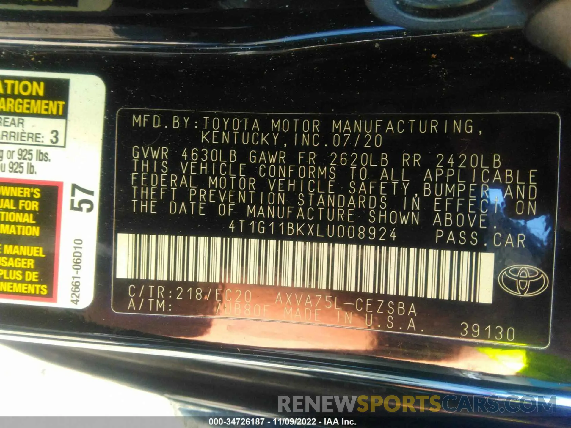 9 Photograph of a damaged car 4T1G11BKXLU008924 TOYOTA CAMRY 2020