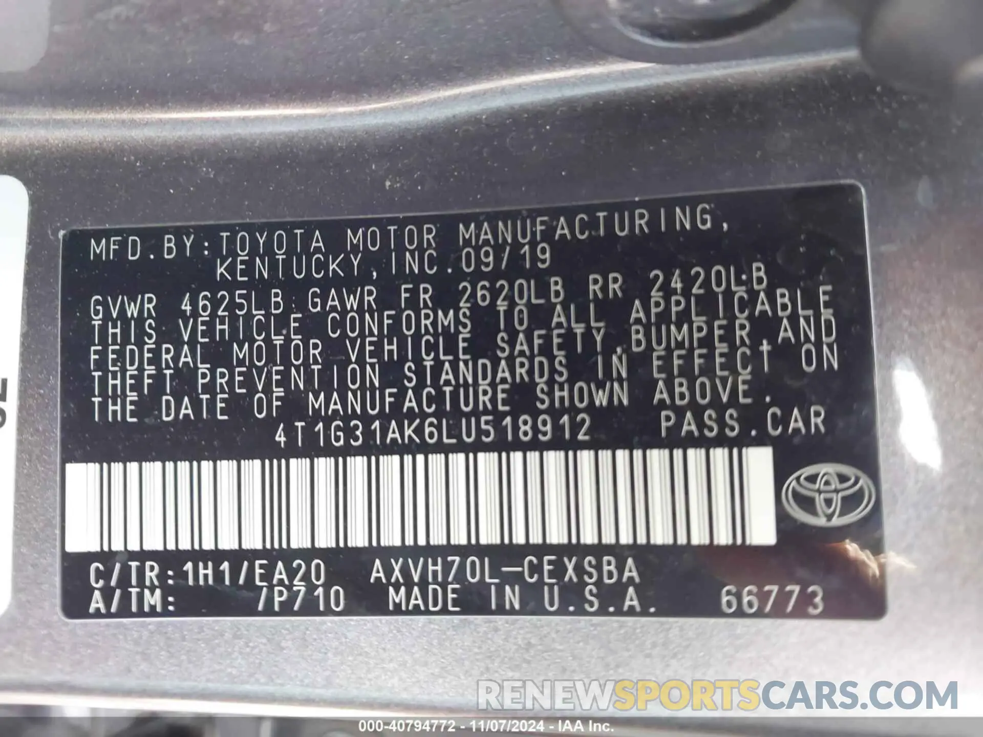 9 Photograph of a damaged car 4T1G31AK6LU518912 TOYOTA CAMRY 2020