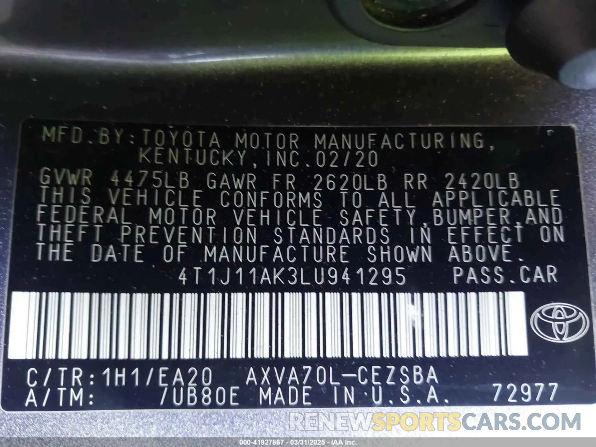9 Photograph of a damaged car 4T1J11AK3LU941295 TOYOTA CAMRY 2020