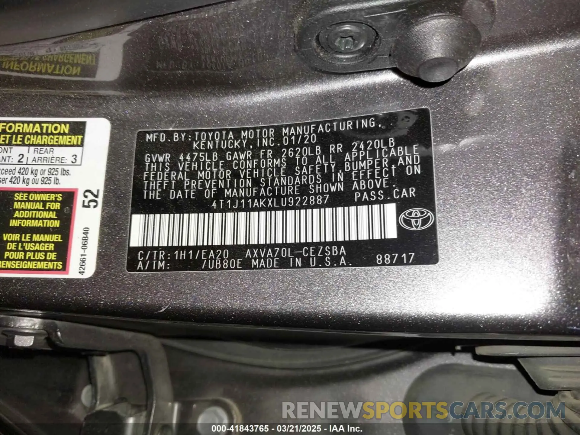 9 Photograph of a damaged car 4T1J11AKXLU922887 TOYOTA CAMRY 2020