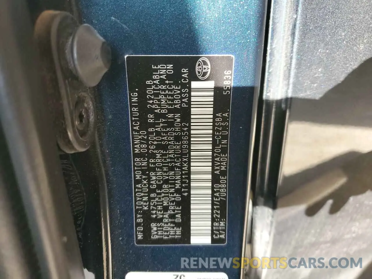 12 Photograph of a damaged car 4T1J11AKXLU986542 TOYOTA CAMRY 2020
