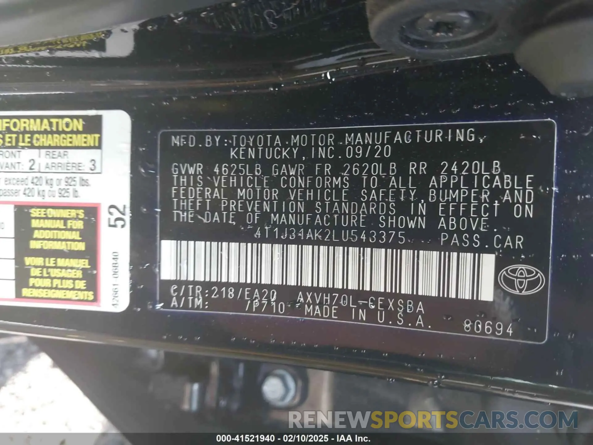 9 Photograph of a damaged car 4T1J31AK2LU543375 TOYOTA CAMRY 2020