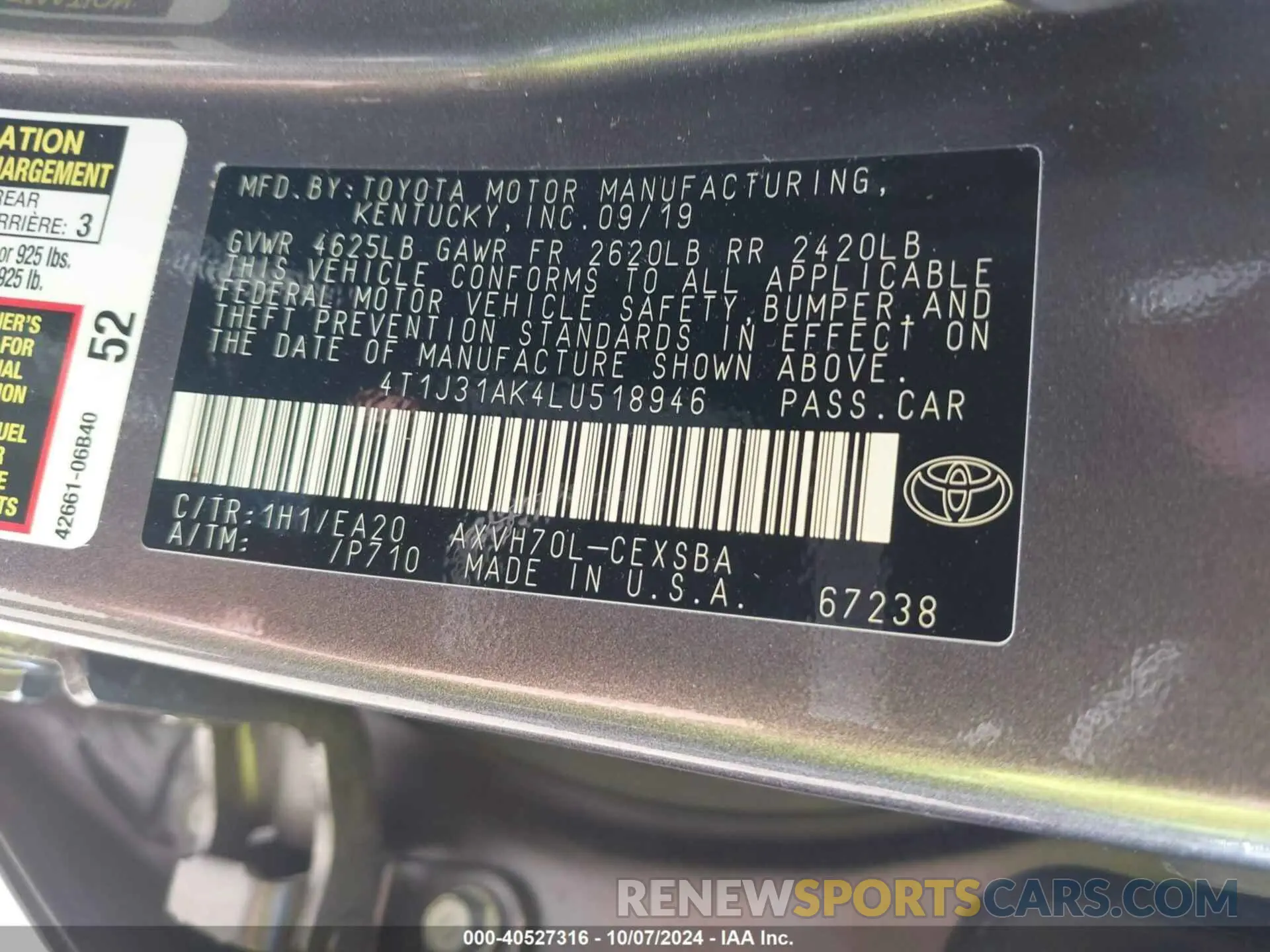 9 Photograph of a damaged car 4T1J31AK4LU518946 TOYOTA CAMRY 2020