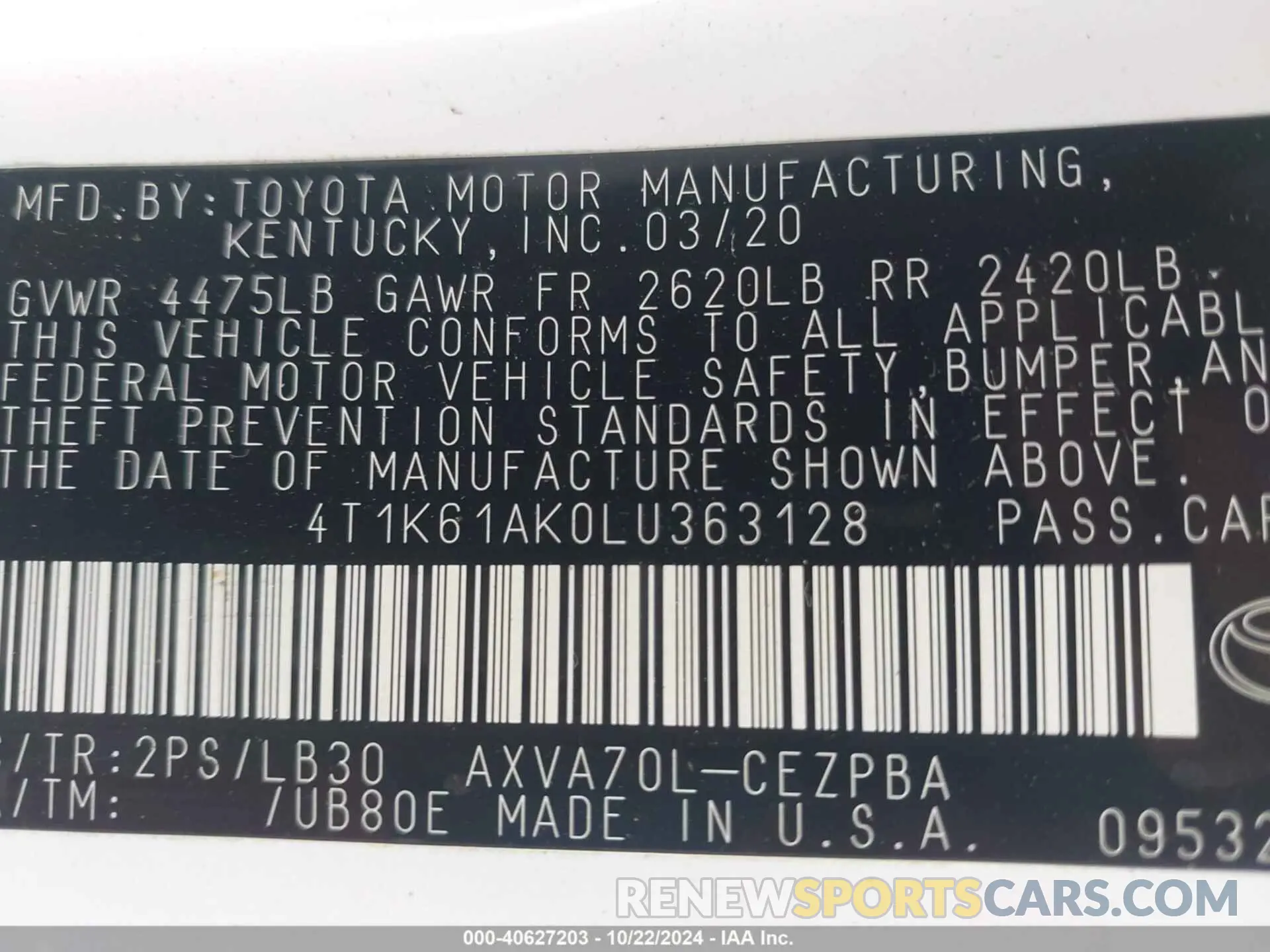 9 Photograph of a damaged car 4T1K61AK0LU363128 TOYOTA CAMRY 2020
