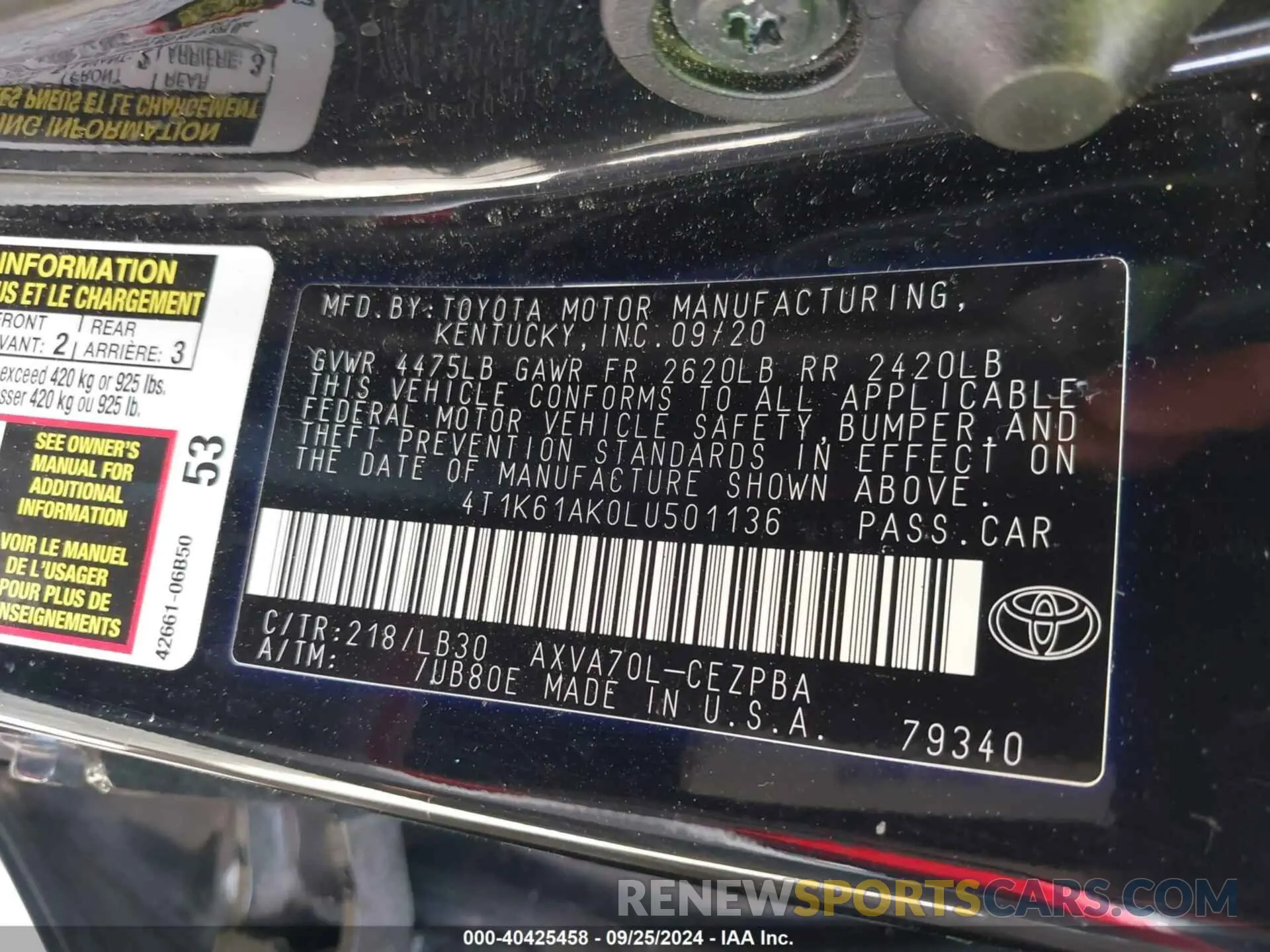 9 Photograph of a damaged car 4T1K61AK0LU501136 TOYOTA CAMRY 2020