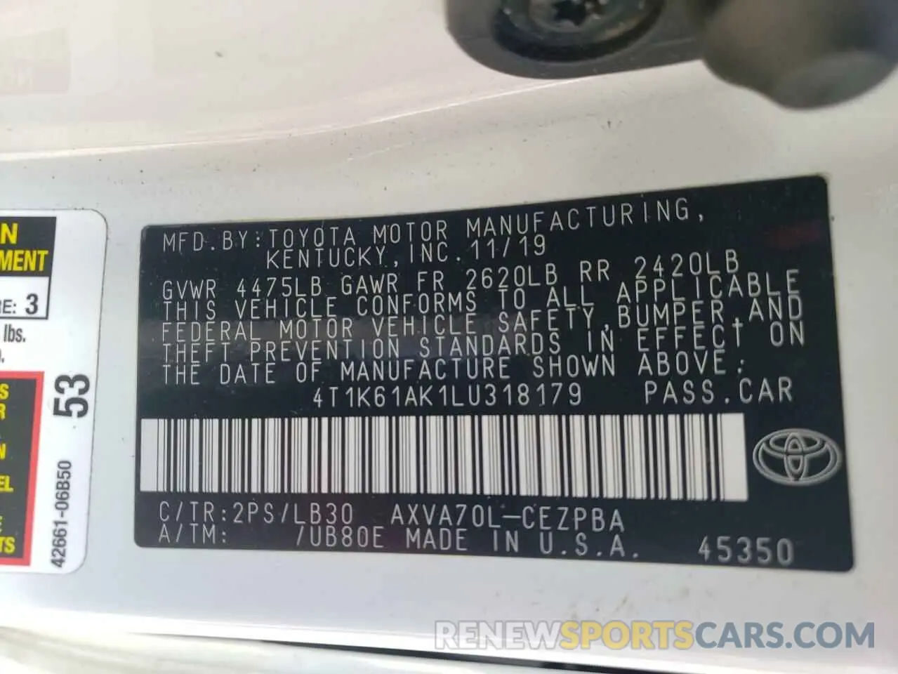 10 Photograph of a damaged car 4T1K61AK1LU318179 TOYOTA CAMRY 2020