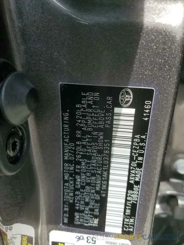 13 Photograph of a damaged car 4T1K61AK1LU378351 TOYOTA CAMRY 2020