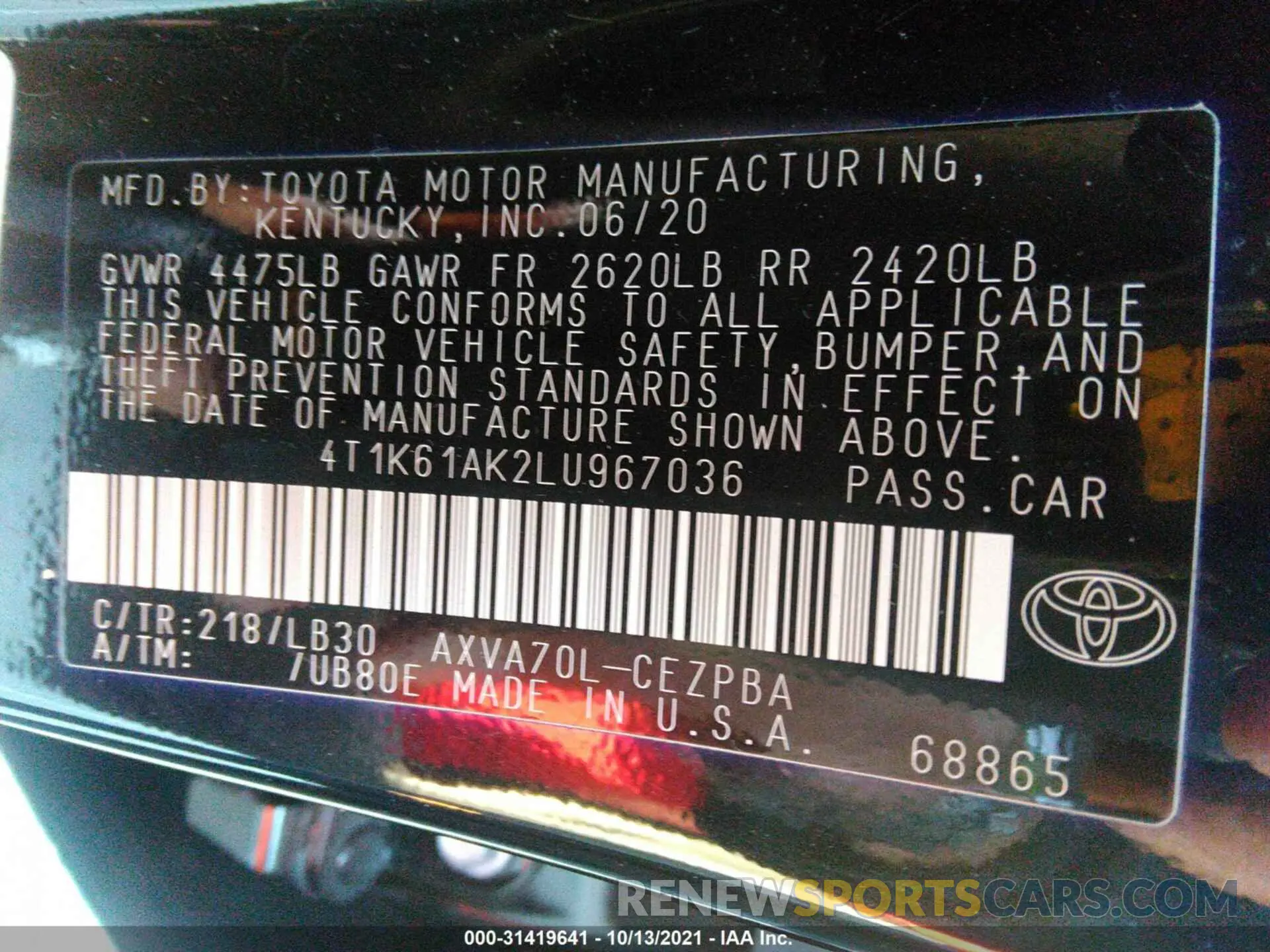 9 Photograph of a damaged car 4T1K61AK2LU967036 TOYOTA CAMRY 2020