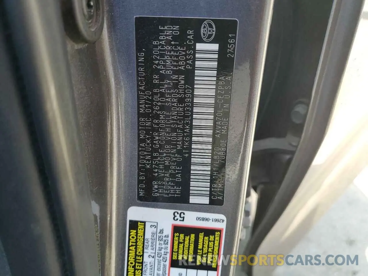 12 Photograph of a damaged car 4T1K61AK3LU339907 TOYOTA CAMRY 2020