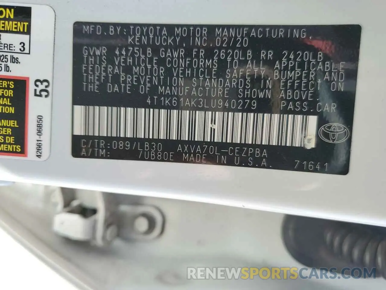 12 Photograph of a damaged car 4T1K61AK3LU940279 TOYOTA CAMRY 2020