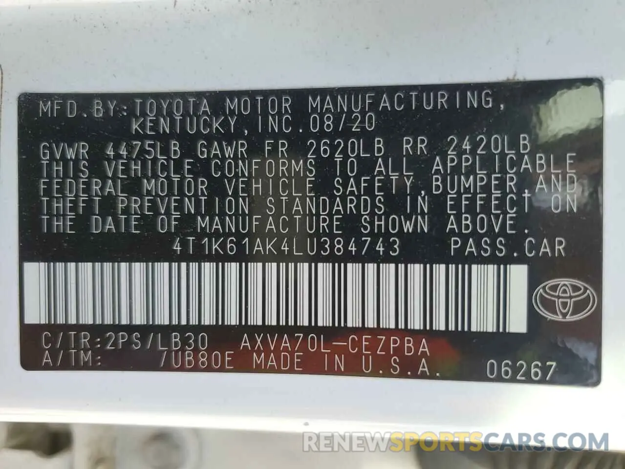 12 Photograph of a damaged car 4T1K61AK4LU384743 TOYOTA CAMRY 2020