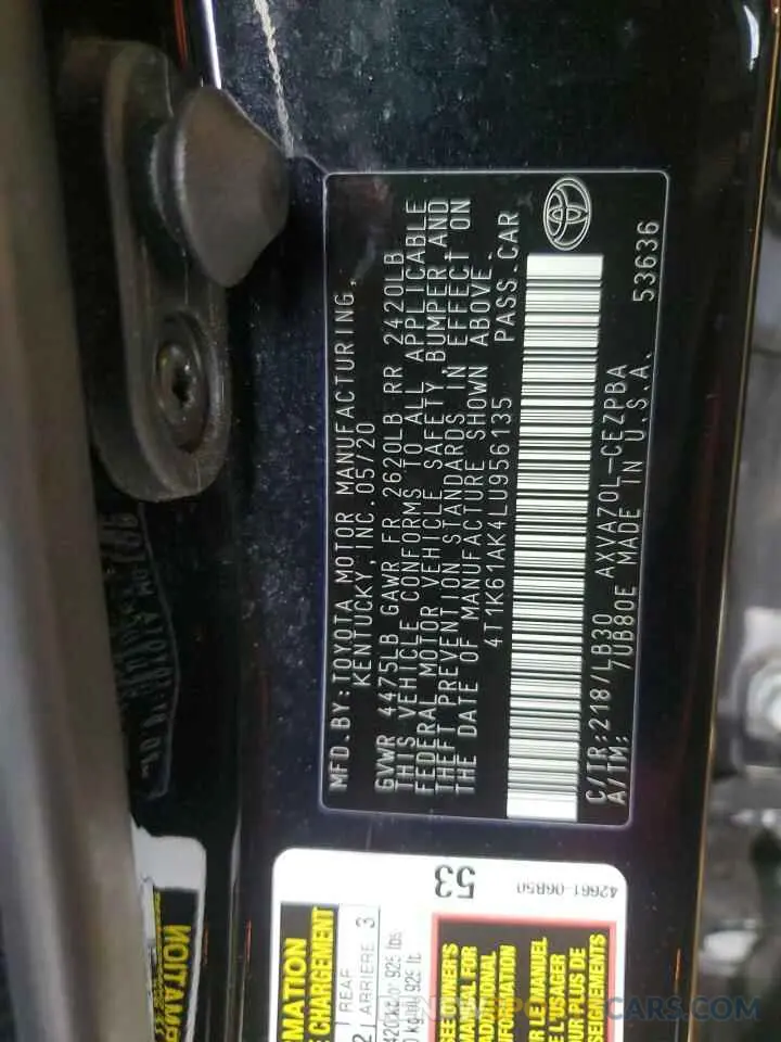 12 Photograph of a damaged car 4T1K61AK4LU956135 TOYOTA CAMRY 2020