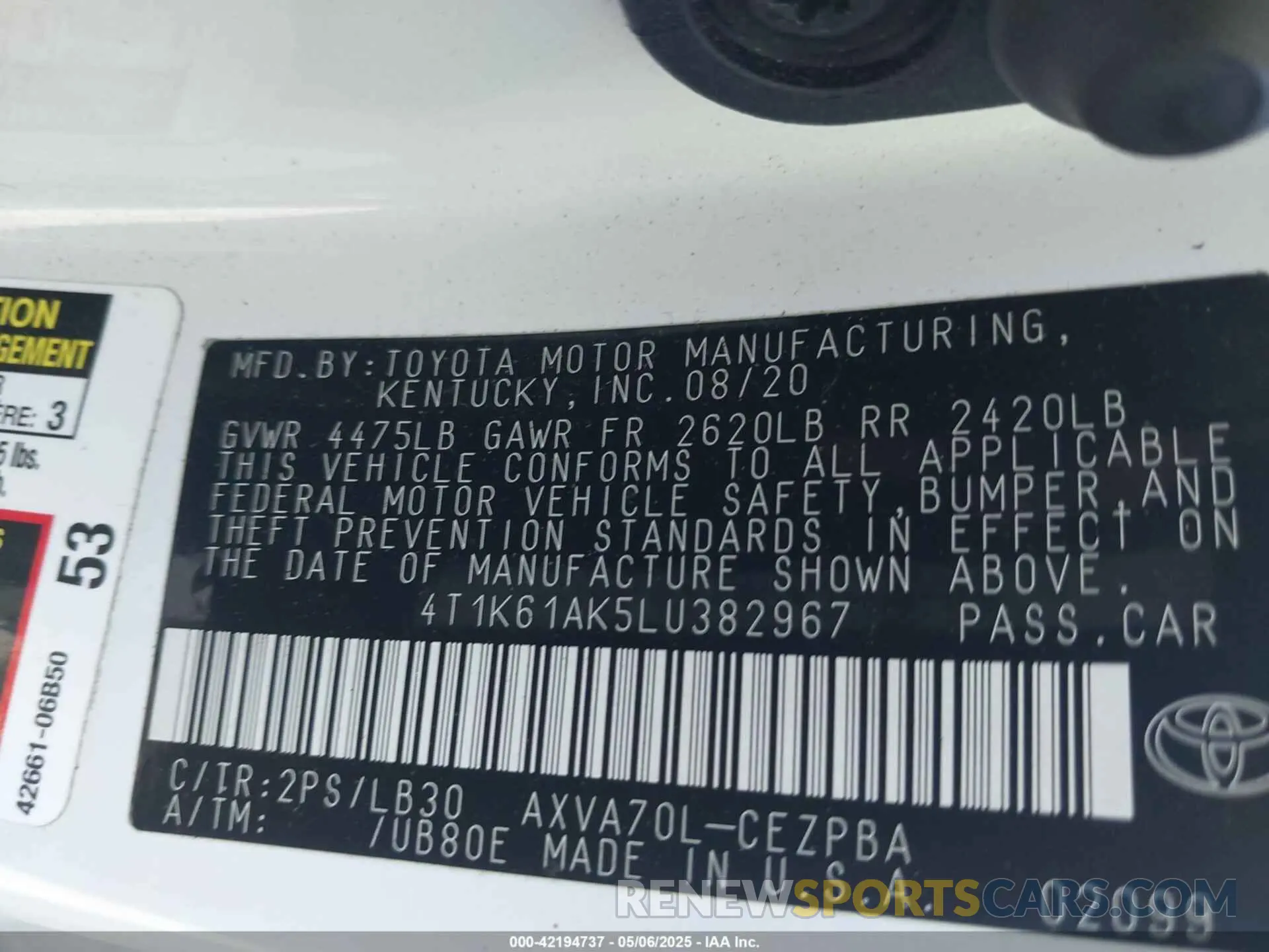 9 Photograph of a damaged car 4T1K61AK5LU382967 TOYOTA CAMRY 2020