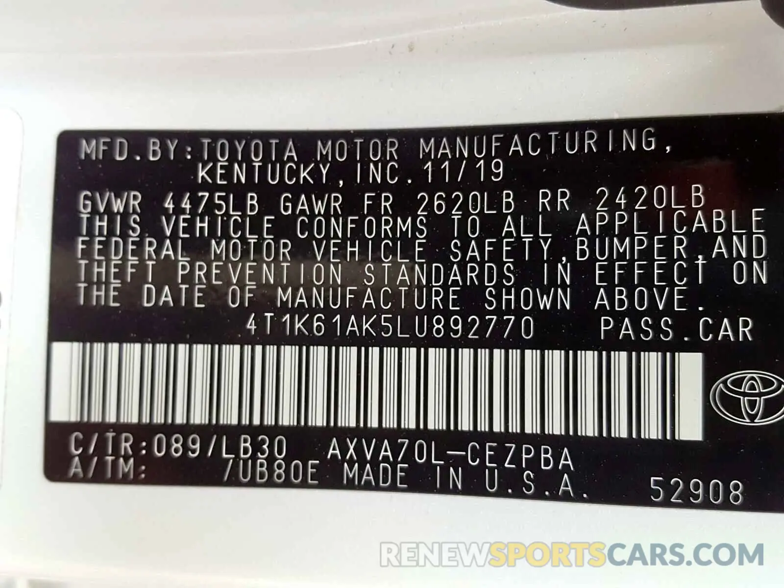 10 Photograph of a damaged car 4T1K61AK5LU892770 TOYOTA CAMRY 2020