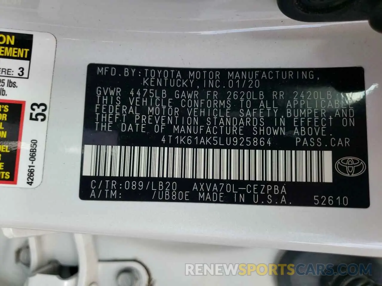 10 Photograph of a damaged car 4T1K61AK5LU925864 TOYOTA CAMRY 2020