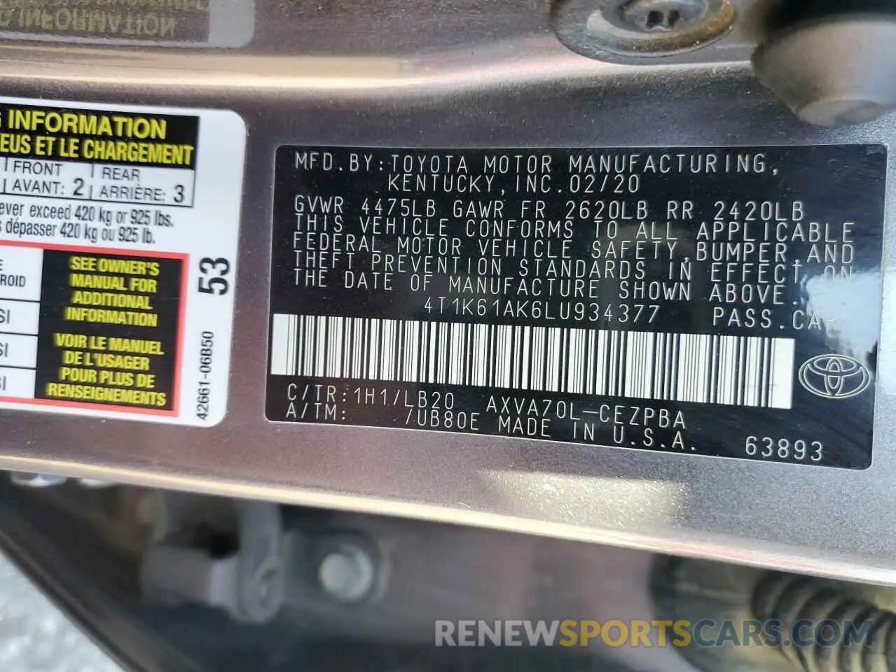 15 Photograph of a damaged car 4T1K61AK6LU934377 TOYOTA CAMRY 2020