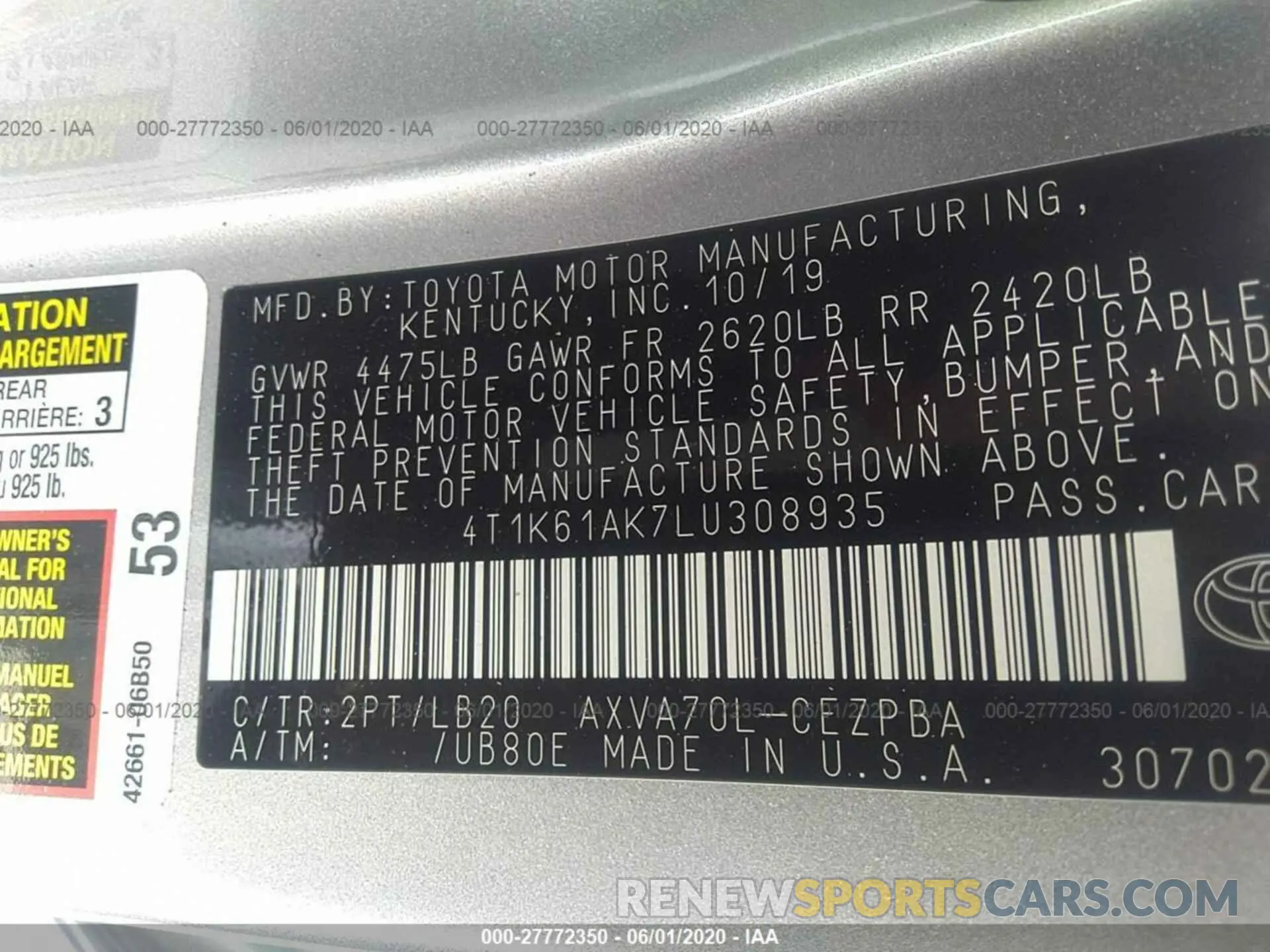 9 Photograph of a damaged car 4T1K61AK7LU308935 TOYOTA CAMRY 2020