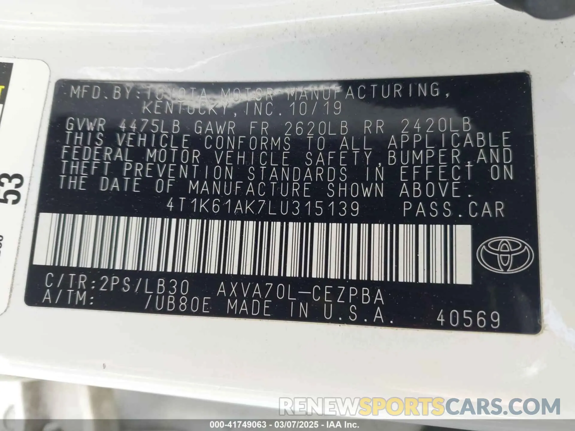 9 Photograph of a damaged car 4T1K61AK7LU315139 TOYOTA CAMRY 2020