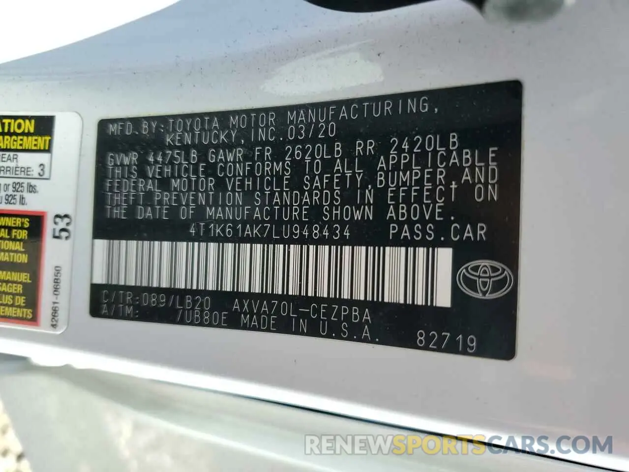 13 Photograph of a damaged car 4T1K61AK7LU948434 TOYOTA CAMRY 2020