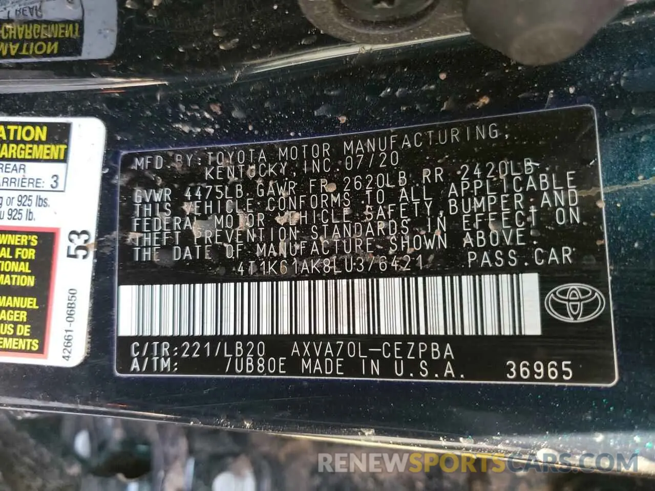 10 Photograph of a damaged car 4T1K61AK8LU376421 TOYOTA CAMRY 2020