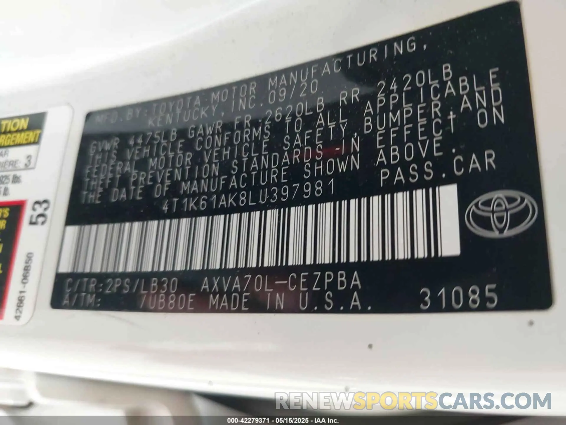 9 Photograph of a damaged car 4T1K61AK8LU397981 TOYOTA CAMRY 2020