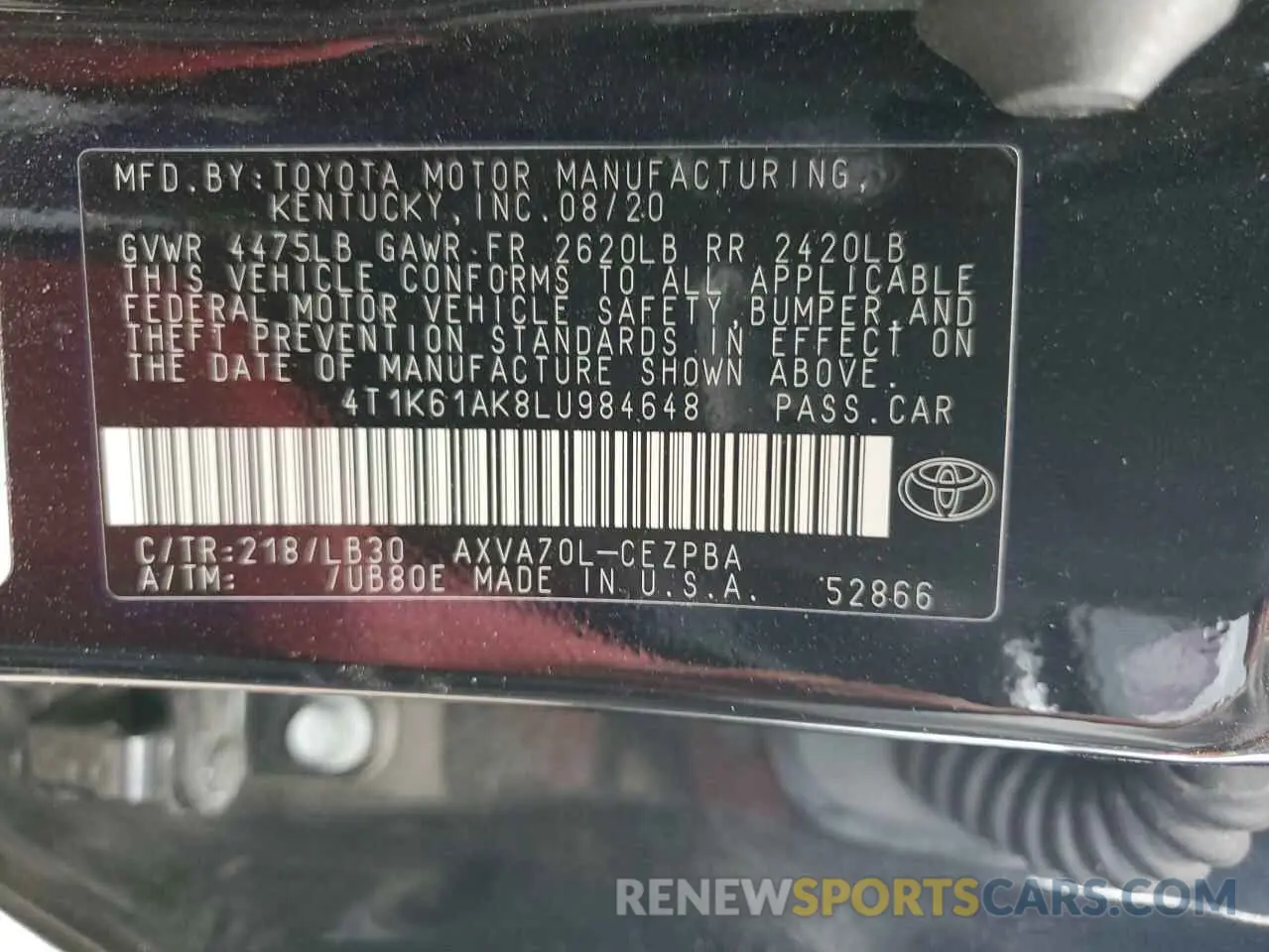 13 Photograph of a damaged car 4T1K61AK8LU984648 TOYOTA CAMRY 2020