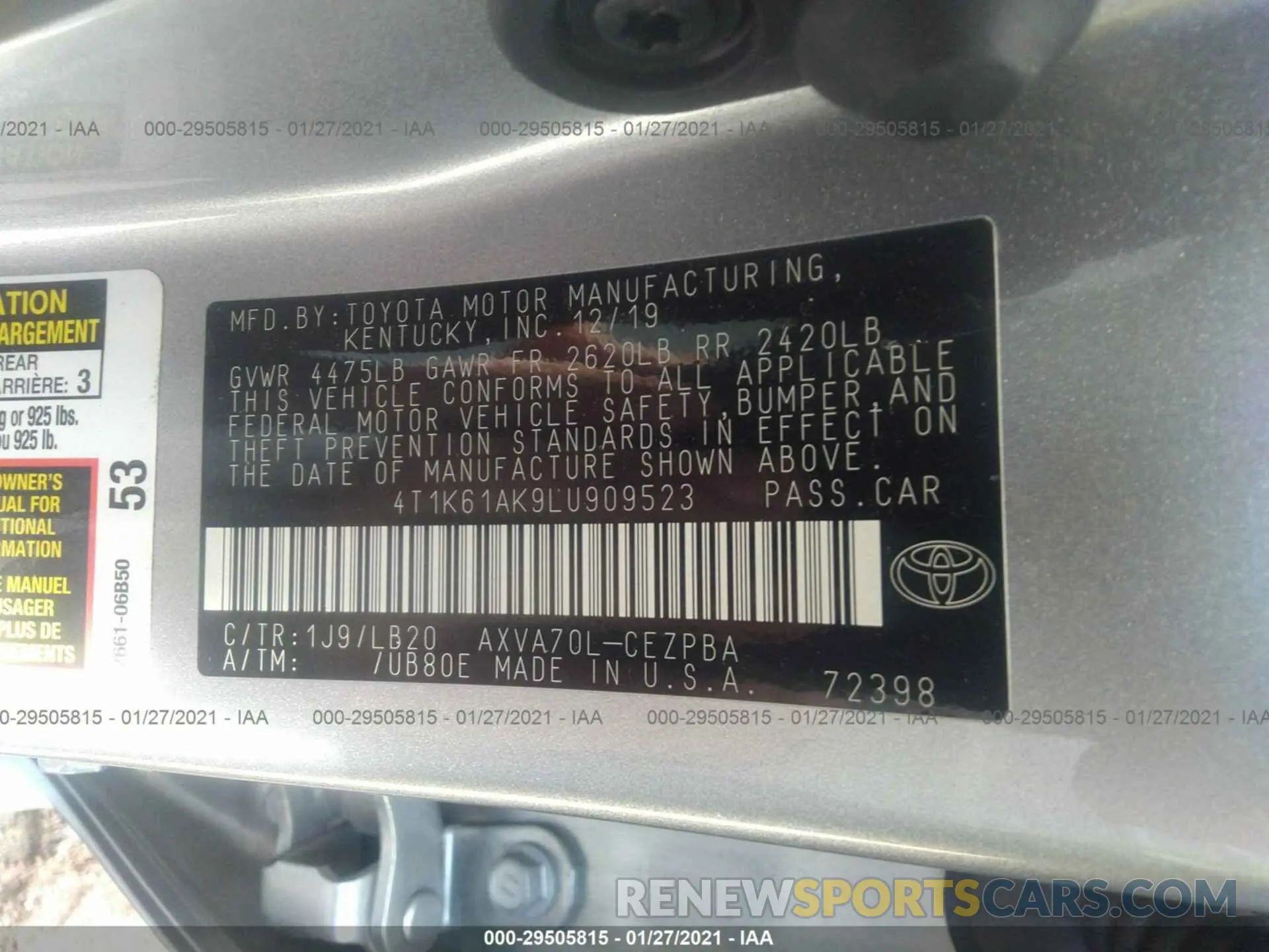 9 Photograph of a damaged car 4T1K61AK9LU909523 TOYOTA CAMRY 2020