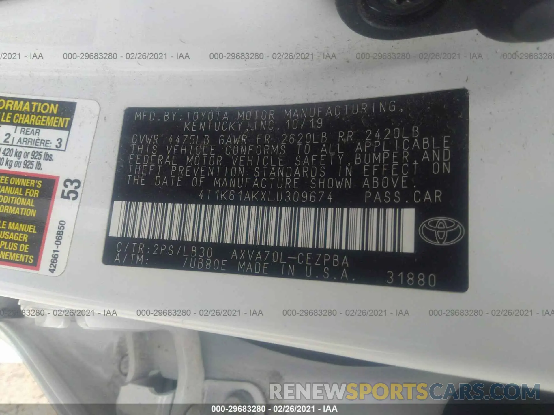 9 Photograph of a damaged car 4T1K61AKXLU309674 TOYOTA CAMRY 2020