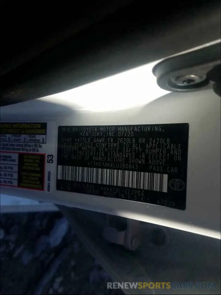 10 Photograph of a damaged car 4T1K61AKXLU380843 TOYOTA CAMRY 2020