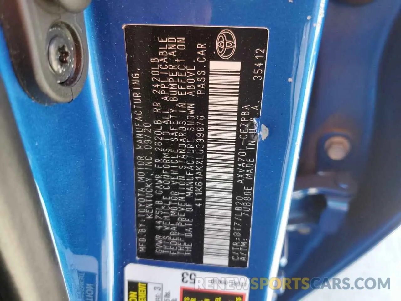 13 Photograph of a damaged car 4T1K61AKXLU399876 TOYOTA CAMRY 2020