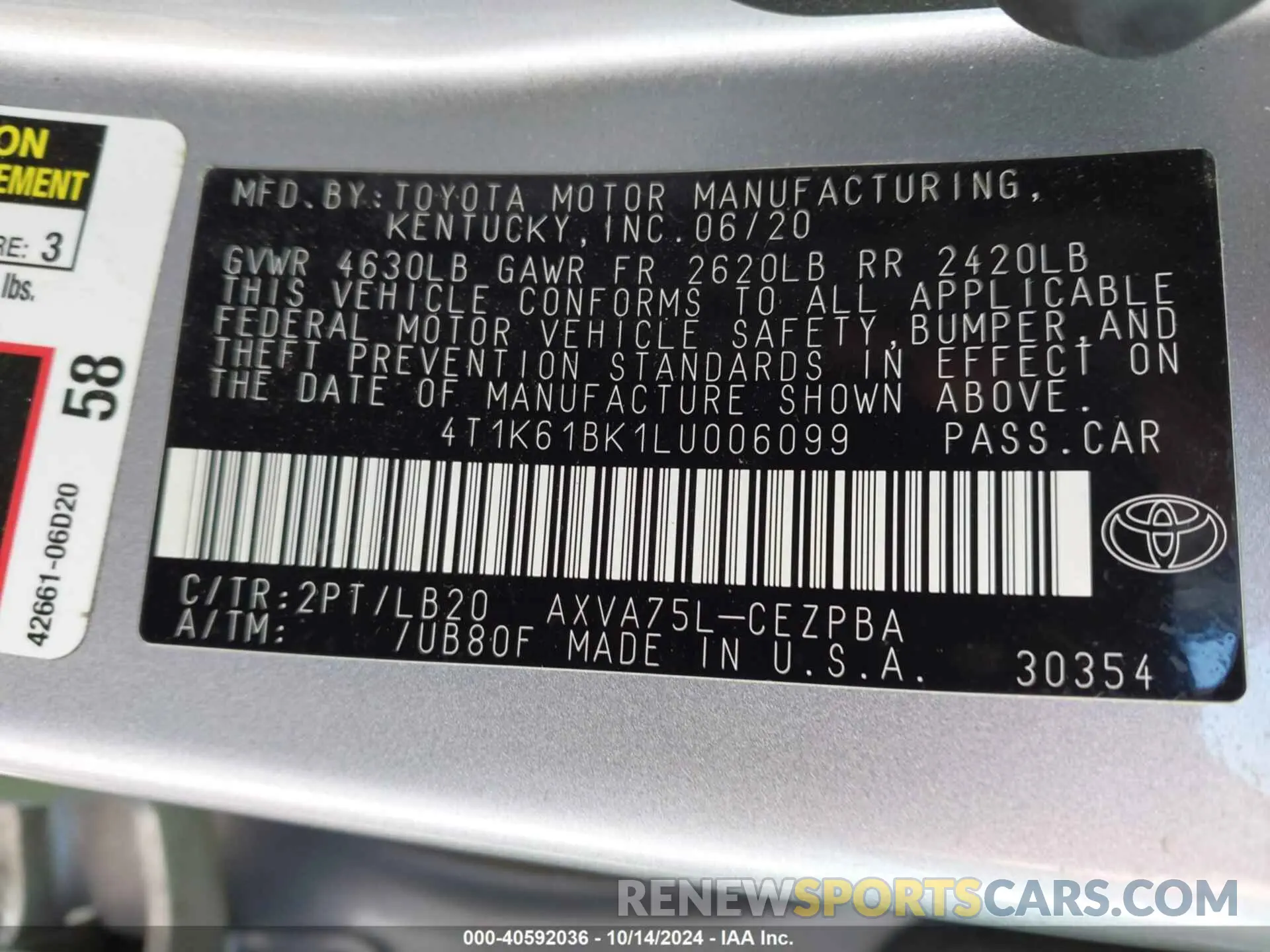 9 Photograph of a damaged car 4T1K61BK1LU006099 TOYOTA CAMRY 2020