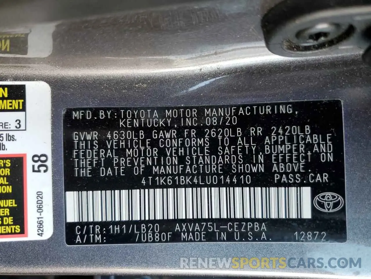 12 Photograph of a damaged car 4T1K61BK4LU014410 TOYOTA CAMRY 2020