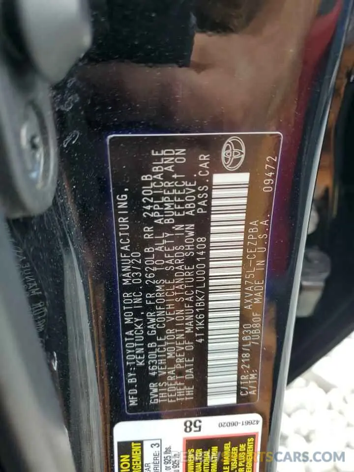 13 Photograph of a damaged car 4T1K61BK7LU001408 TOYOTA CAMRY 2020