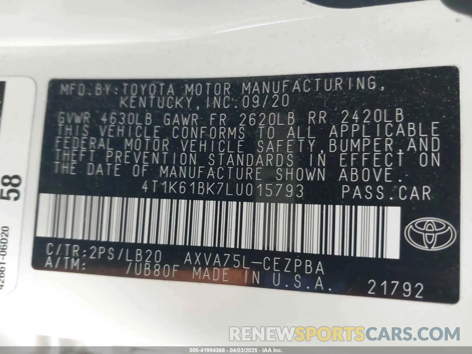 9 Photograph of a damaged car 4T1K61BK7LU015793 TOYOTA CAMRY 2020