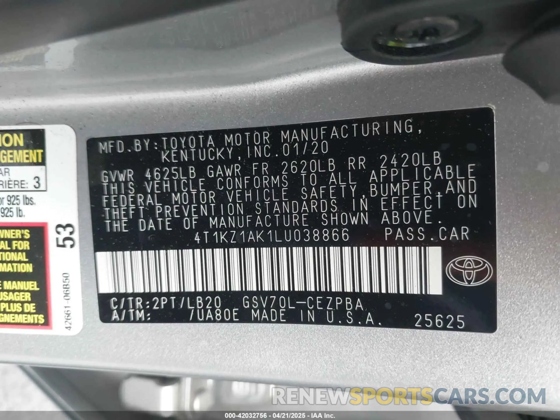 9 Photograph of a damaged car 4T1KZ1AK1LU038866 TOYOTA CAMRY 2020
