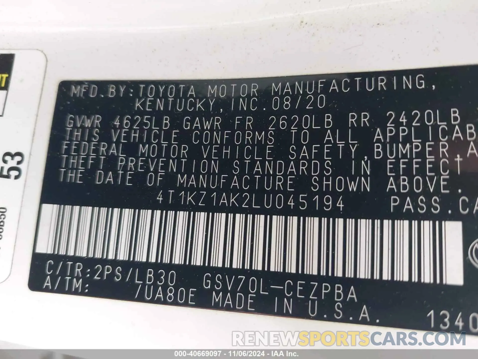 9 Photograph of a damaged car 4T1KZ1AK2LU045194 TOYOTA CAMRY 2020