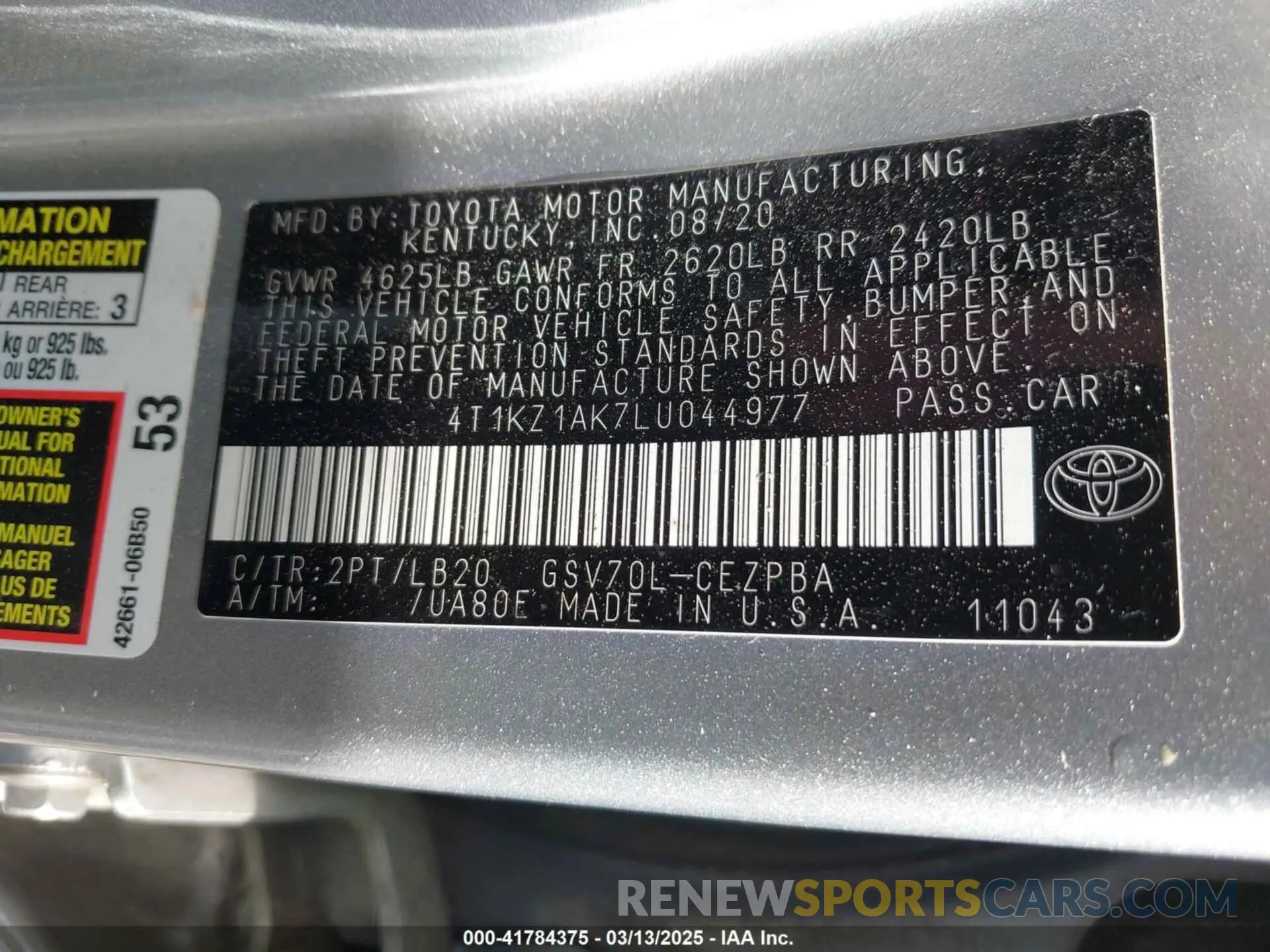 9 Photograph of a damaged car 4T1KZ1AK7LU044977 TOYOTA CAMRY 2020