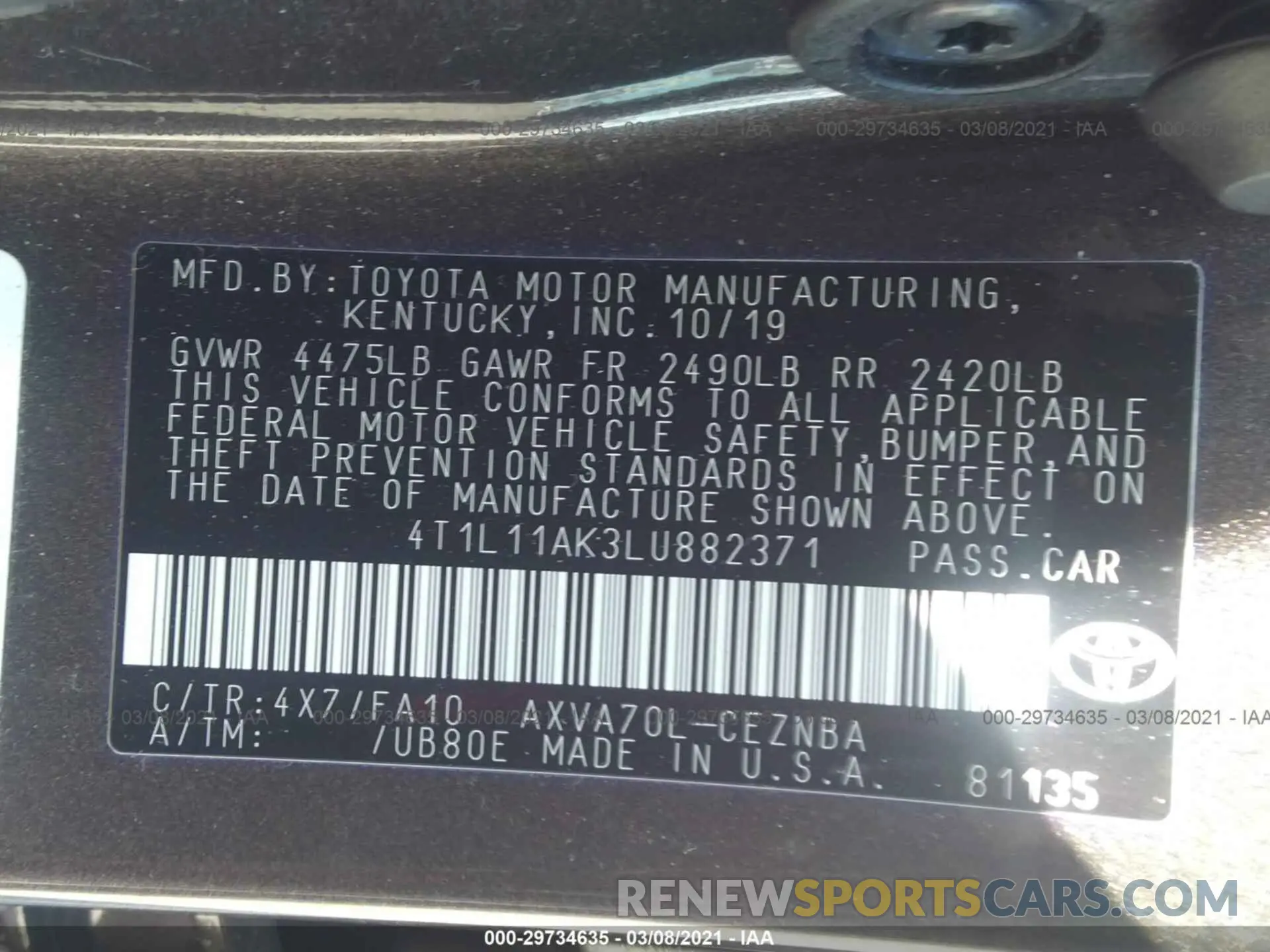 9 Photograph of a damaged car 4T1L11AK3LU882371 TOYOTA CAMRY 2020