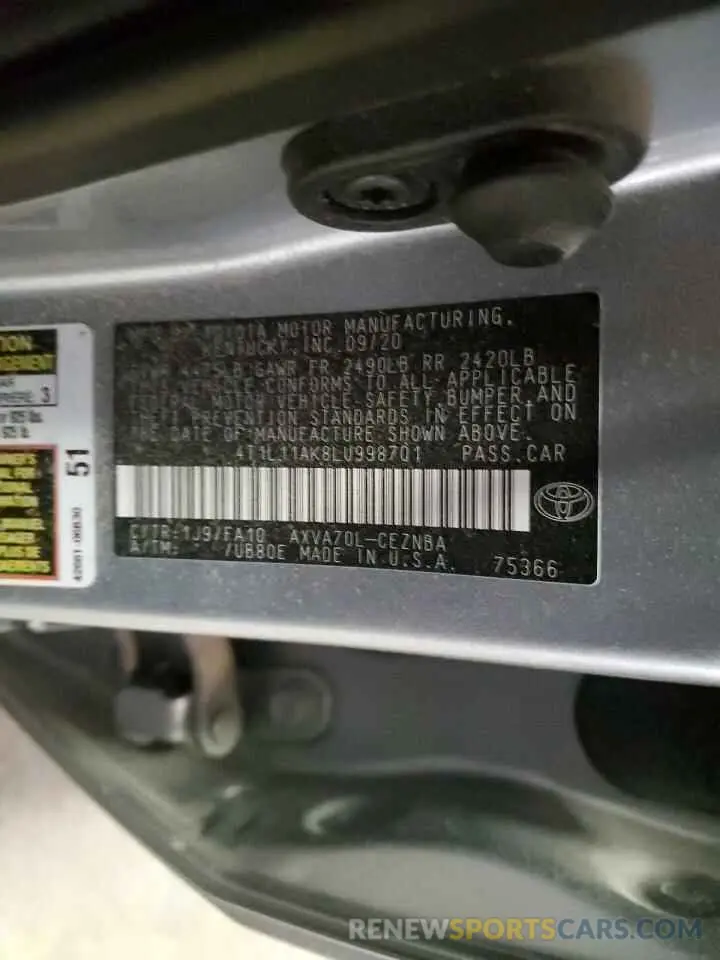 12 Photograph of a damaged car 4T1L11AK8LU998701 TOYOTA CAMRY 2020