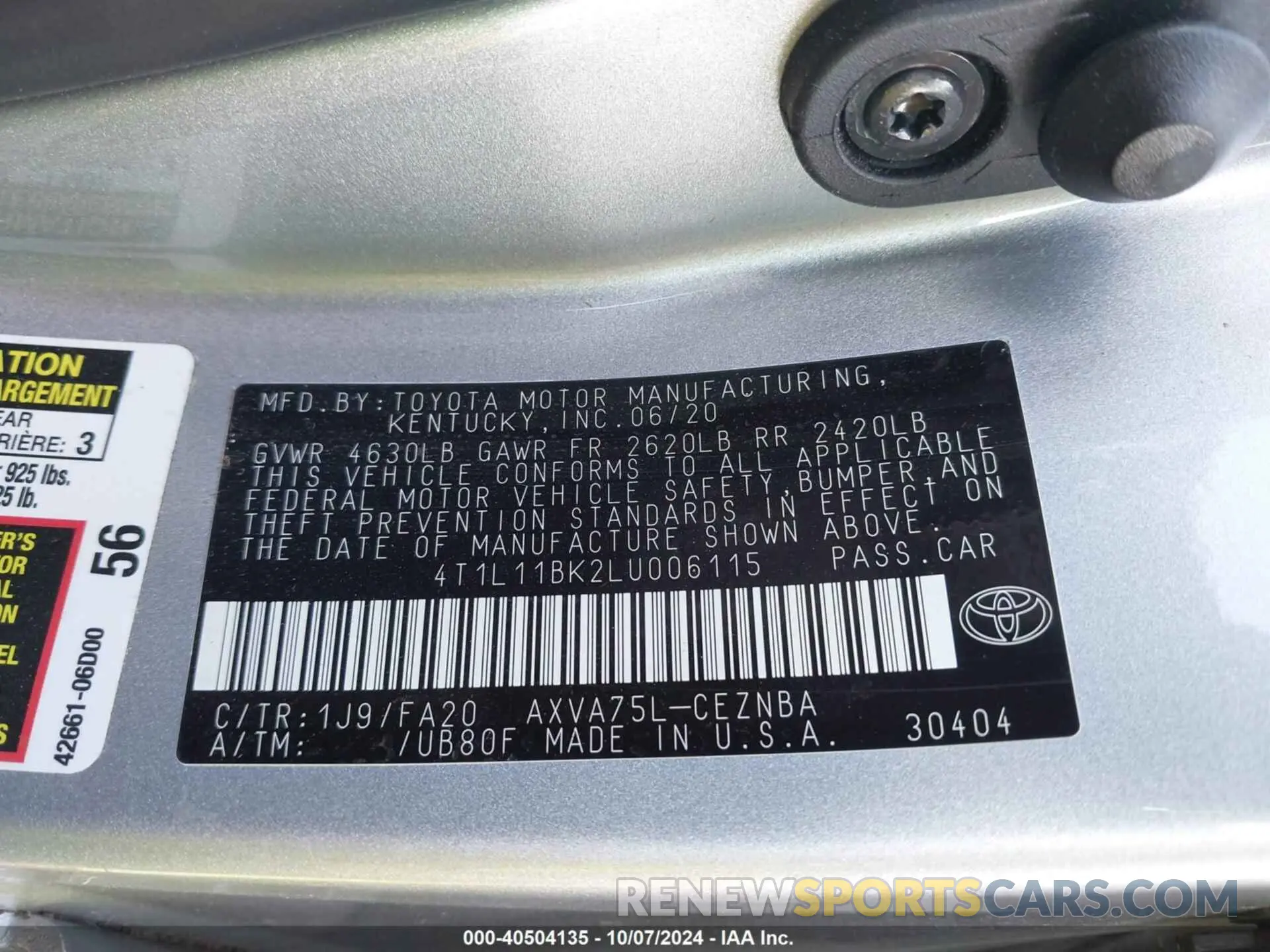 9 Photograph of a damaged car 4T1L11BK2LU006115 TOYOTA CAMRY 2020