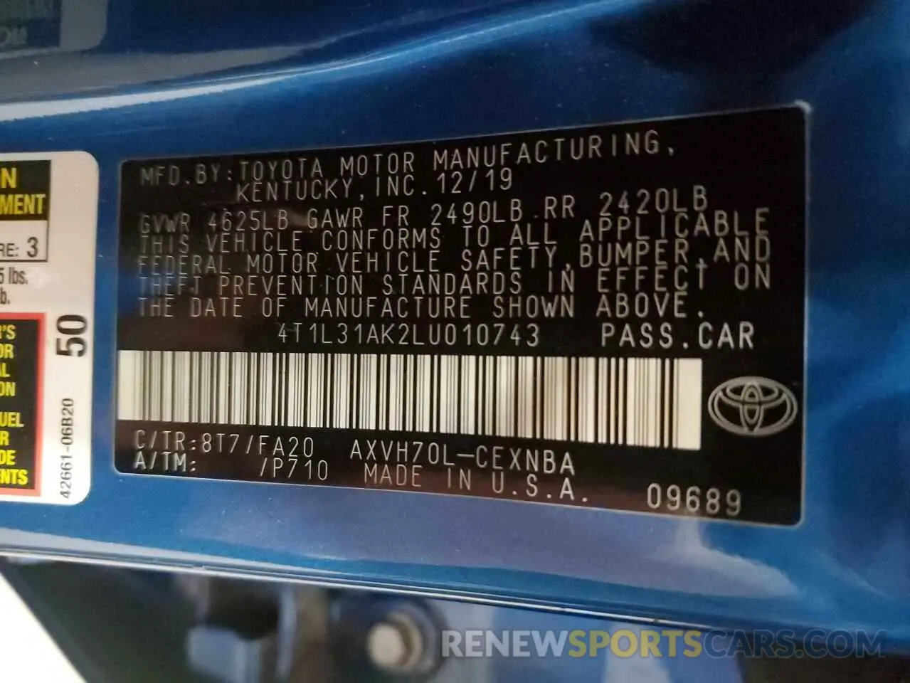 12 Photograph of a damaged car 4T1L31AK2LU010743 TOYOTA CAMRY 2020