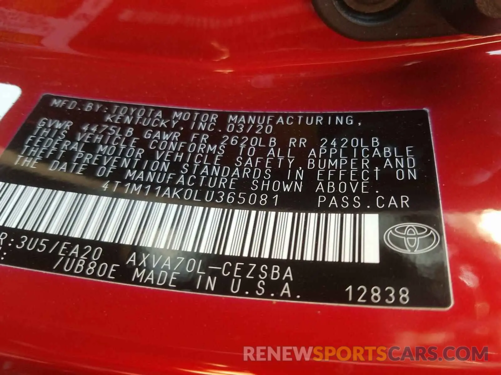 10 Photograph of a damaged car 4T1M11AK0LU365081 TOYOTA CAMRY 2020