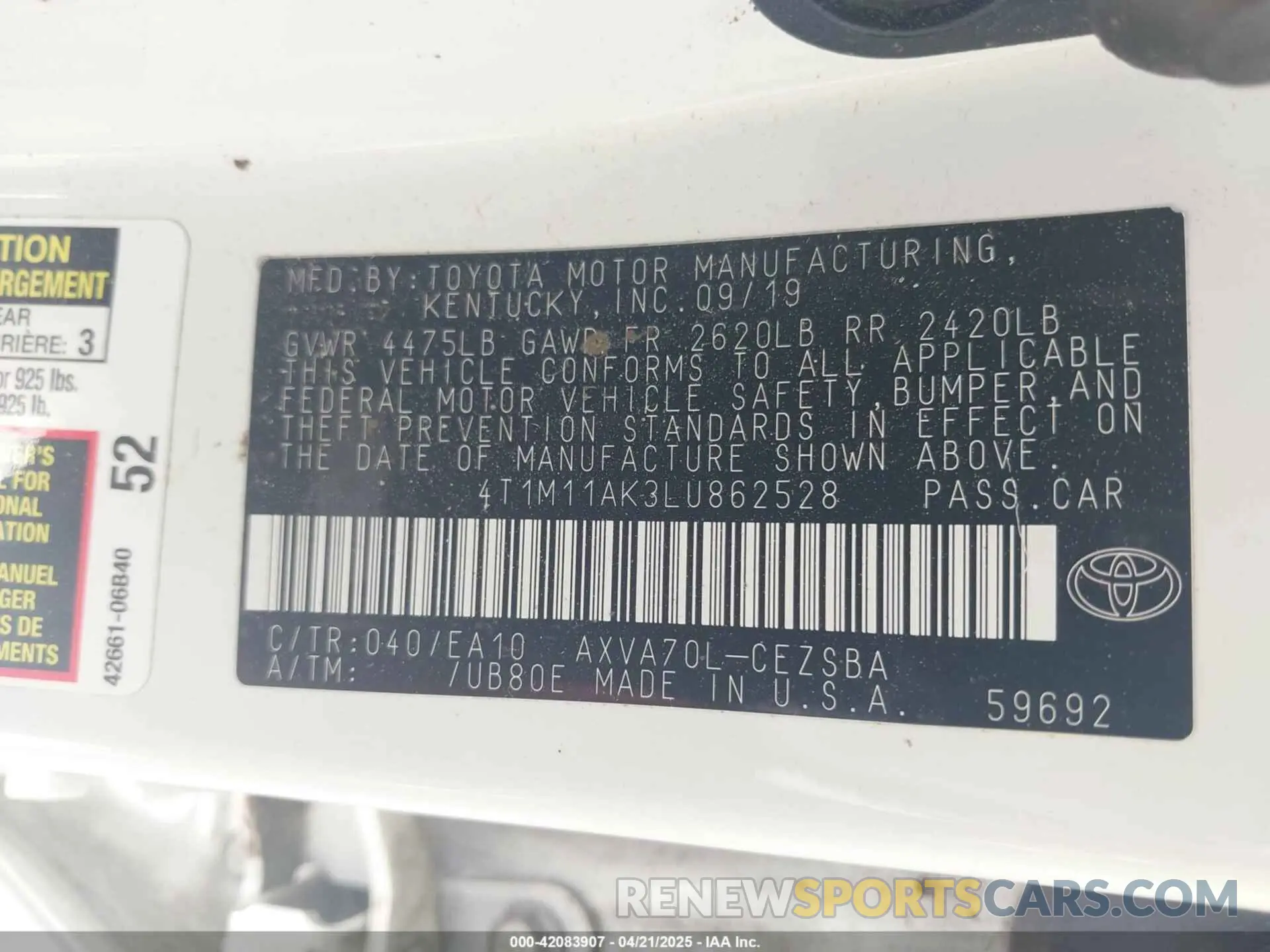 9 Photograph of a damaged car 4T1M11AK3LU862528 TOYOTA CAMRY 2020