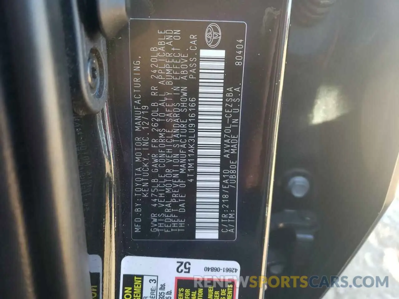 13 Photograph of a damaged car 4T1M11AK3LU916166 TOYOTA CAMRY 2020