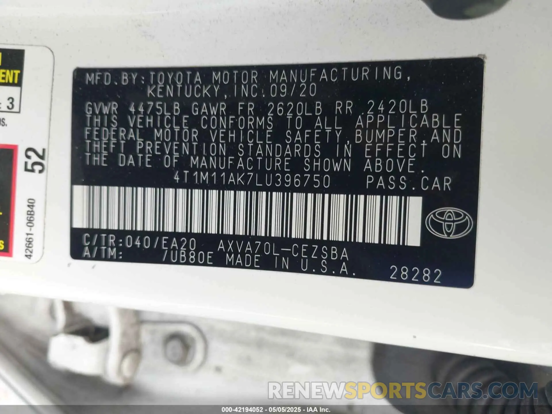 9 Photograph of a damaged car 4T1M11AK7LU396750 TOYOTA CAMRY 2020