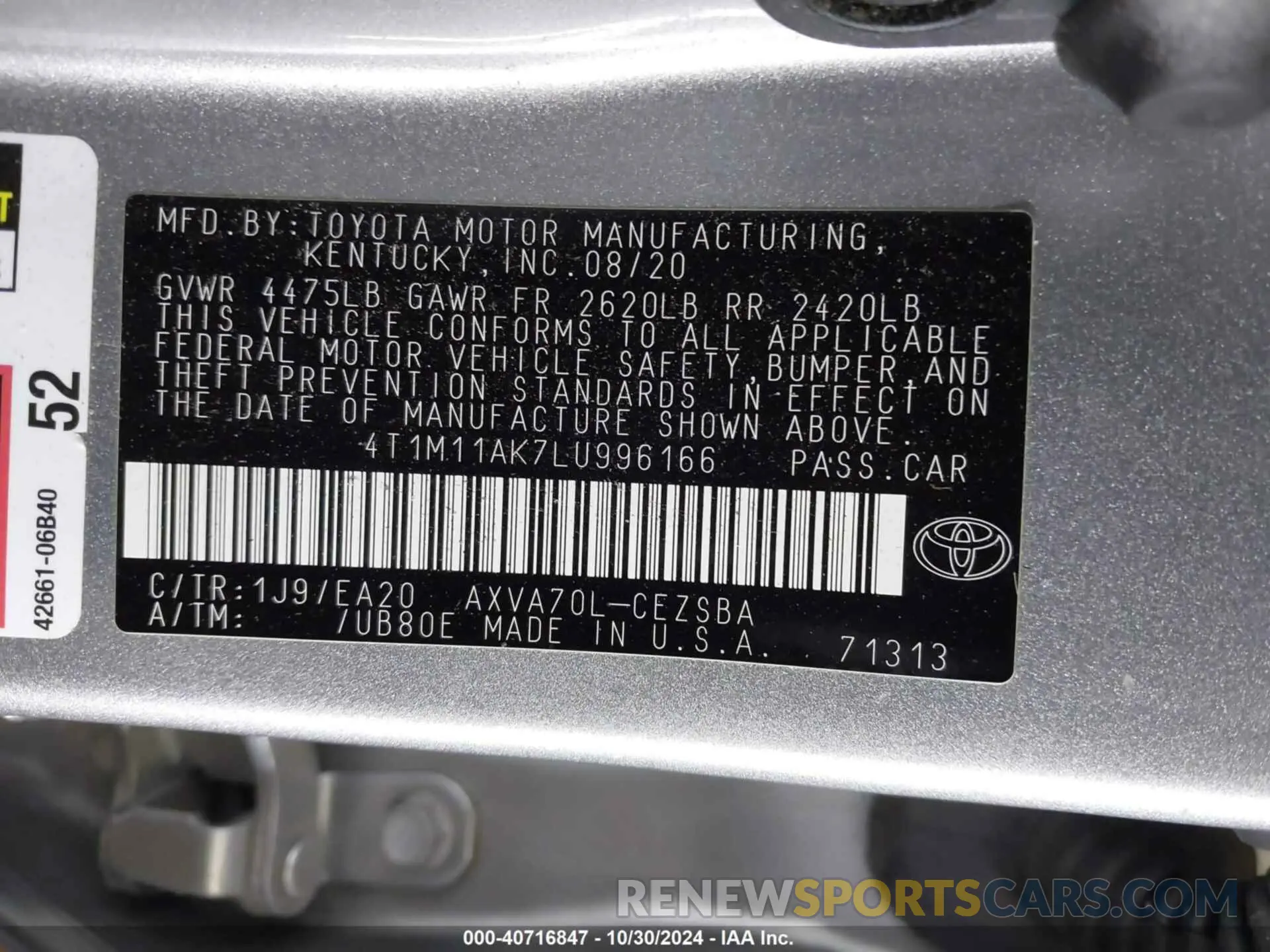 9 Photograph of a damaged car 4T1M11AK7LU996166 TOYOTA CAMRY 2020