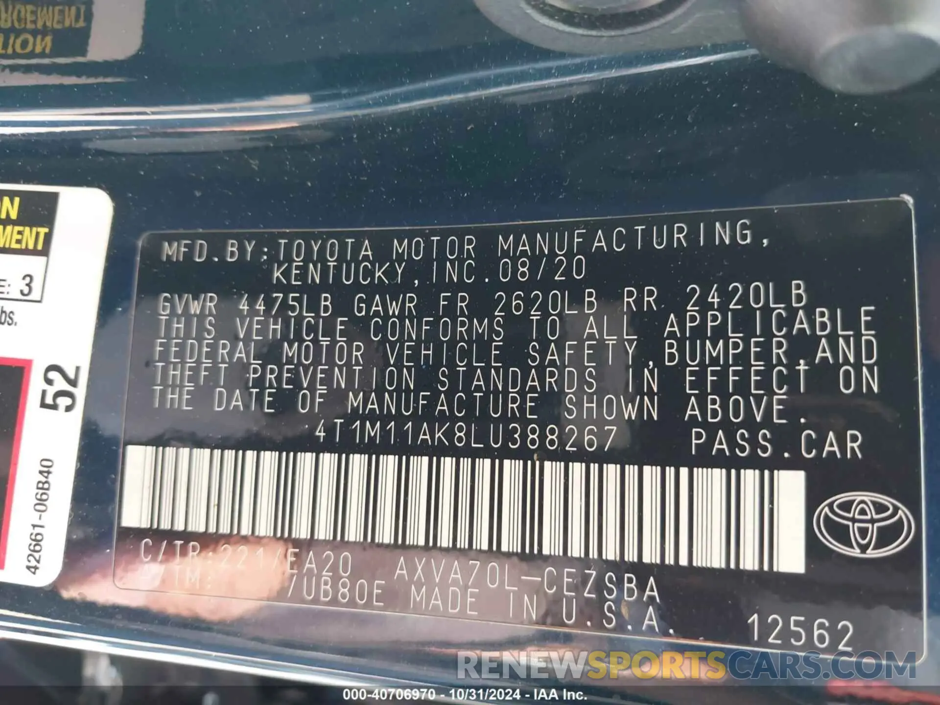 9 Photograph of a damaged car 4T1M11AK8LU388267 TOYOTA CAMRY 2020