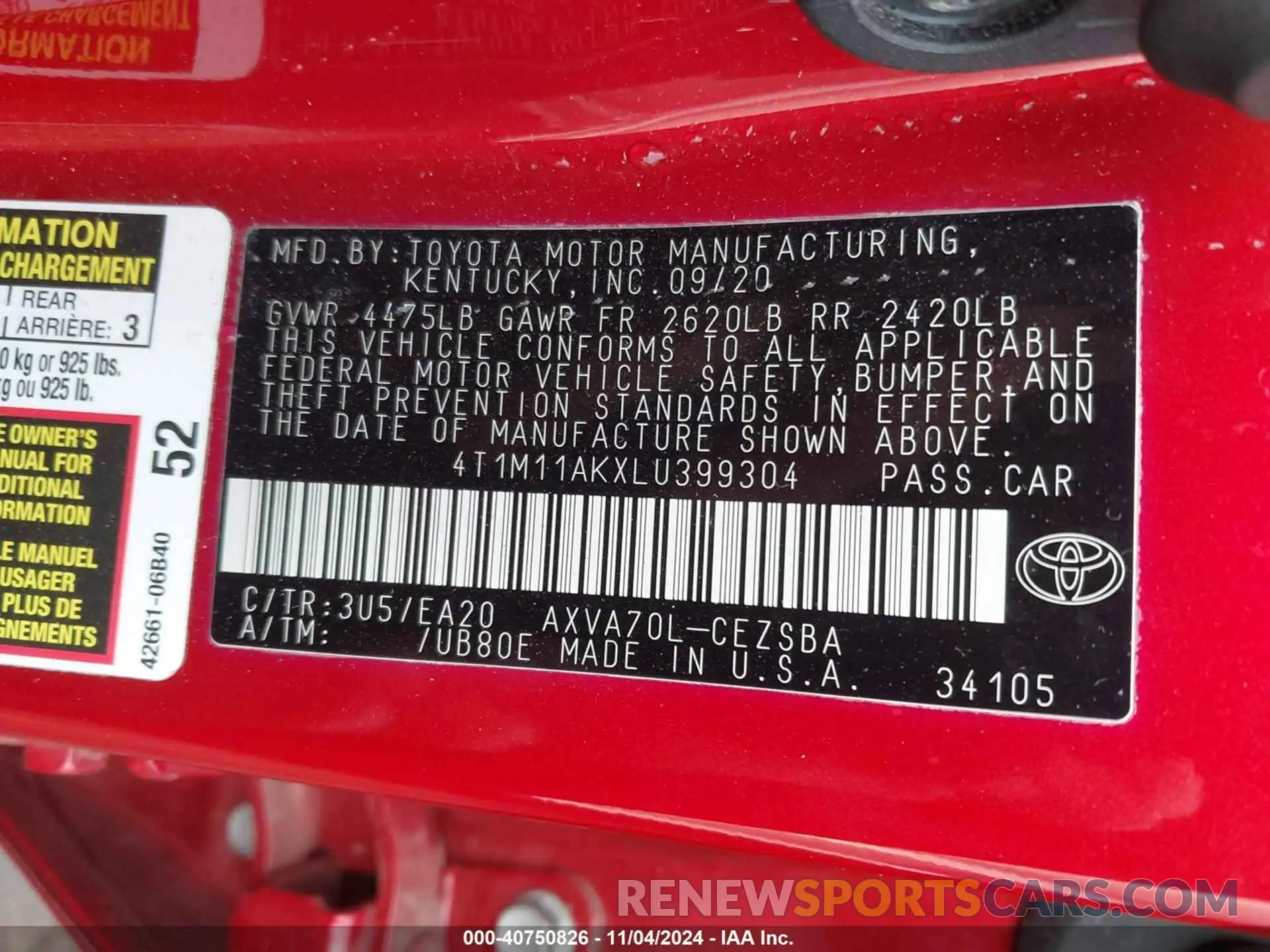 9 Photograph of a damaged car 4T1M11AKXLU399304 TOYOTA CAMRY 2020