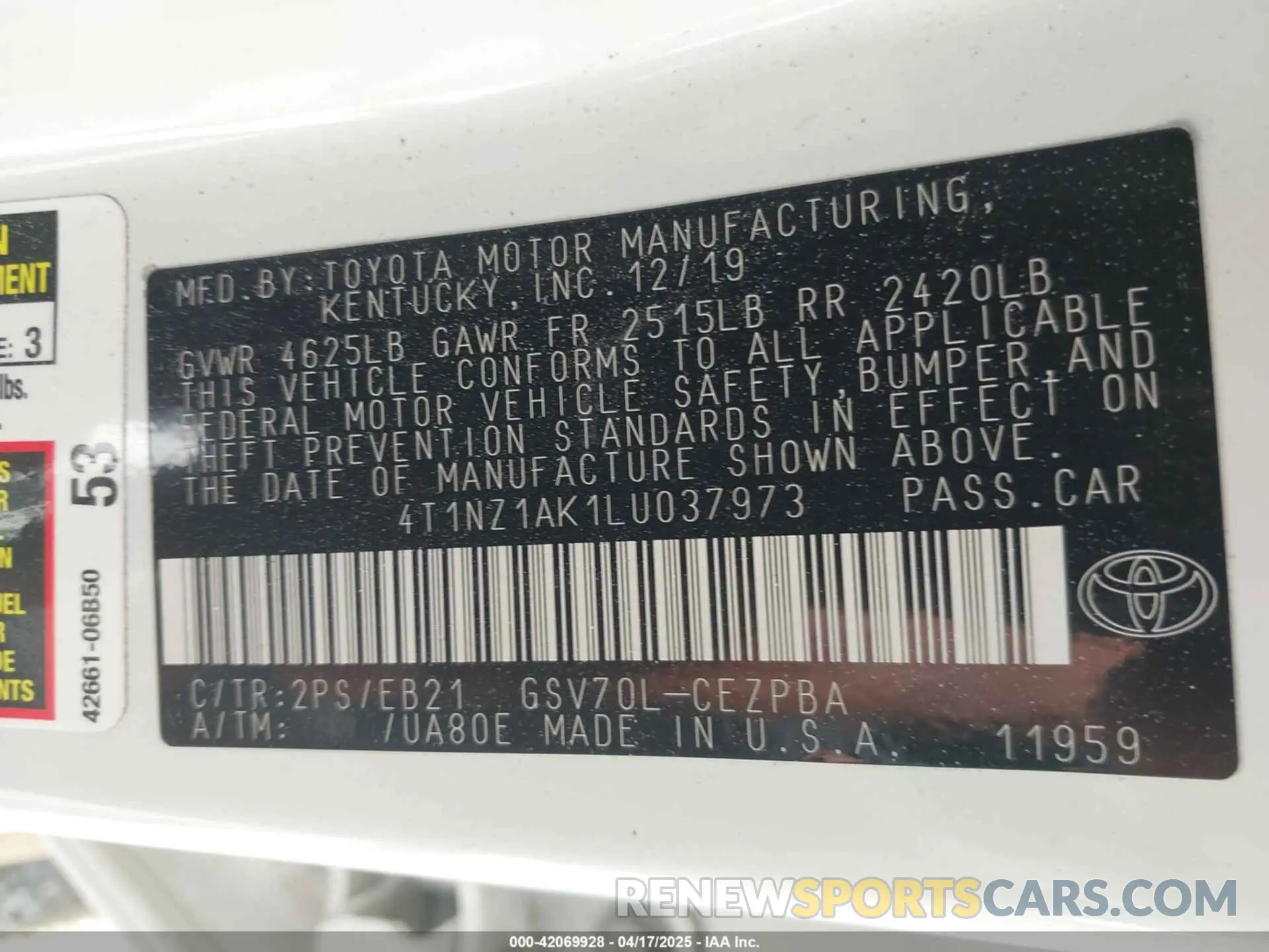 9 Photograph of a damaged car 4T1NZ1AK1LU037973 TOYOTA CAMRY 2020